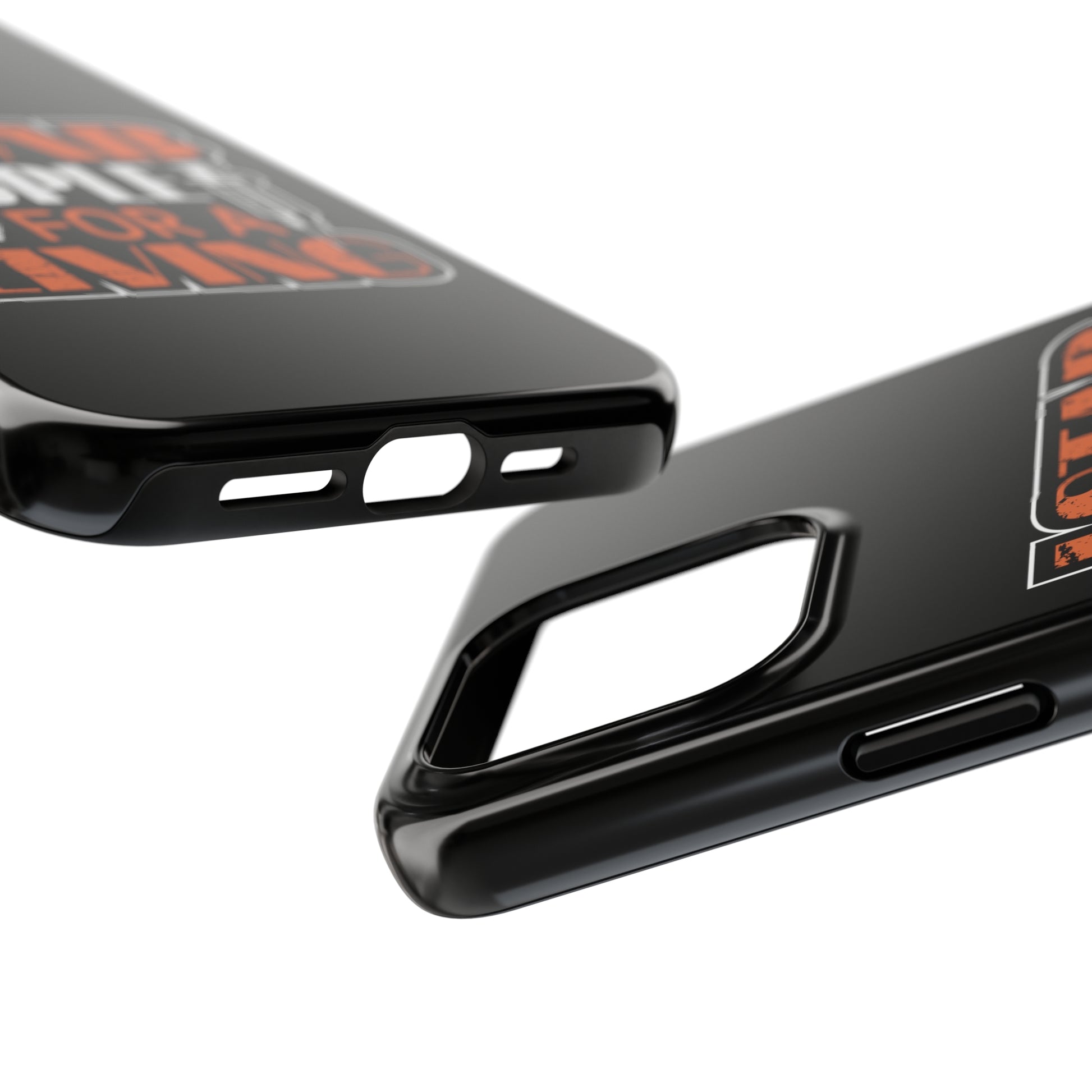 Black iPhone case with graphic text "I Stab People for a Living" in orange and white text.