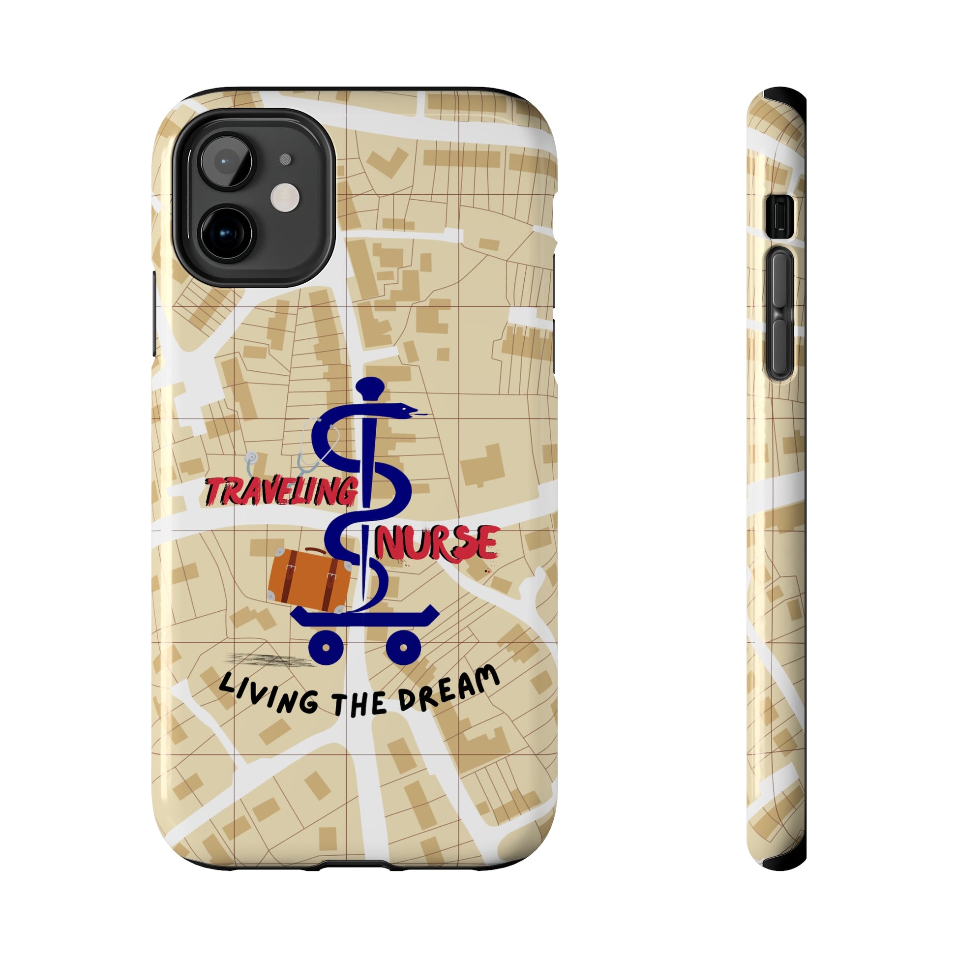 iPhone case with background of a map in brown.  Centered is the Staff of Asclepius riding on a skateboard with a suitcase and the words "Traveling Nurse". Underneath are the words "Living The Dream".