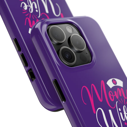 Blue iPhone case with graphic text "Mom, Wife, Nurse, Rockstar" in alternating pink and white. The word "Mom" is topped by an old style nurses' hat.