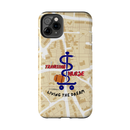 iPhone case with background of a map in brown.  Centered is the Staff of Asclepius riding on a skateboard with a suitcase and the words "Traveling Nurse". Underneath are the words "Living The Dream".