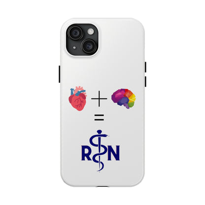 White iPhone case with graphic of a heart, a plus sign, a graphic of a colorful brain, the equals symbol and the letters R and N separated by the staff of Aesculapius.