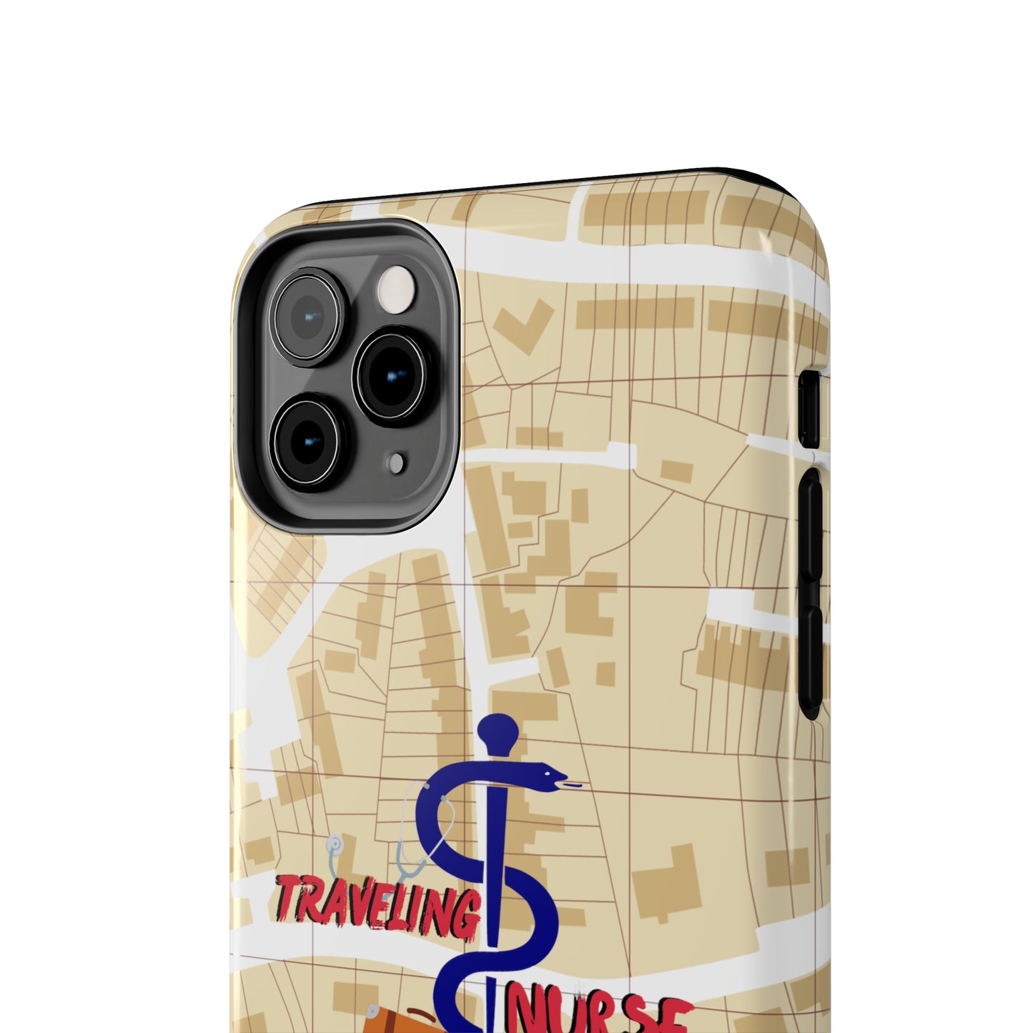 iPhone case with background of a map in brown.  Centered is the Staff of Asclepius riding on a skateboard with a suitcase and the words "Traveling Nurse". Underneath are the words "Living The Dream".