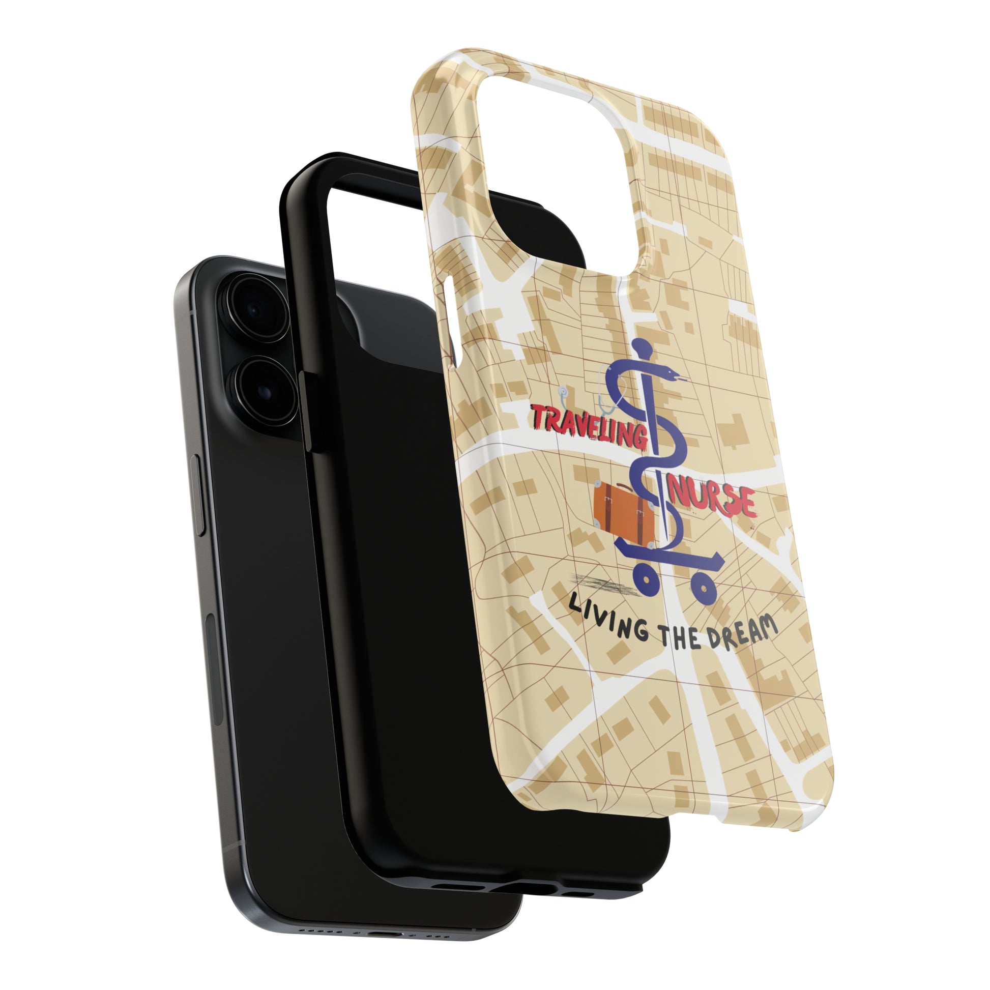 iPhone case with background of a map in brown.  Centered is the Staff of Asclepius riding on a skateboard with a suitcase and the words "Traveling Nurse". Underneath are the words "Living The Dream".