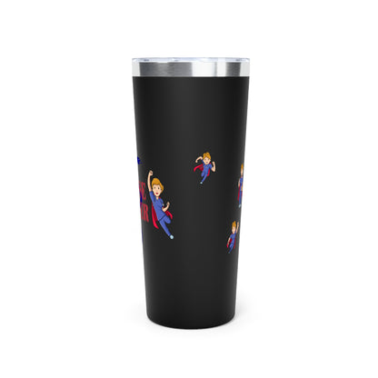 Black 22oz tumbler.  Feature graphics are the Aesculapius staff in dark Blue with the words "Nurse Power" in red and smaller flying nurse figures around the circumference.