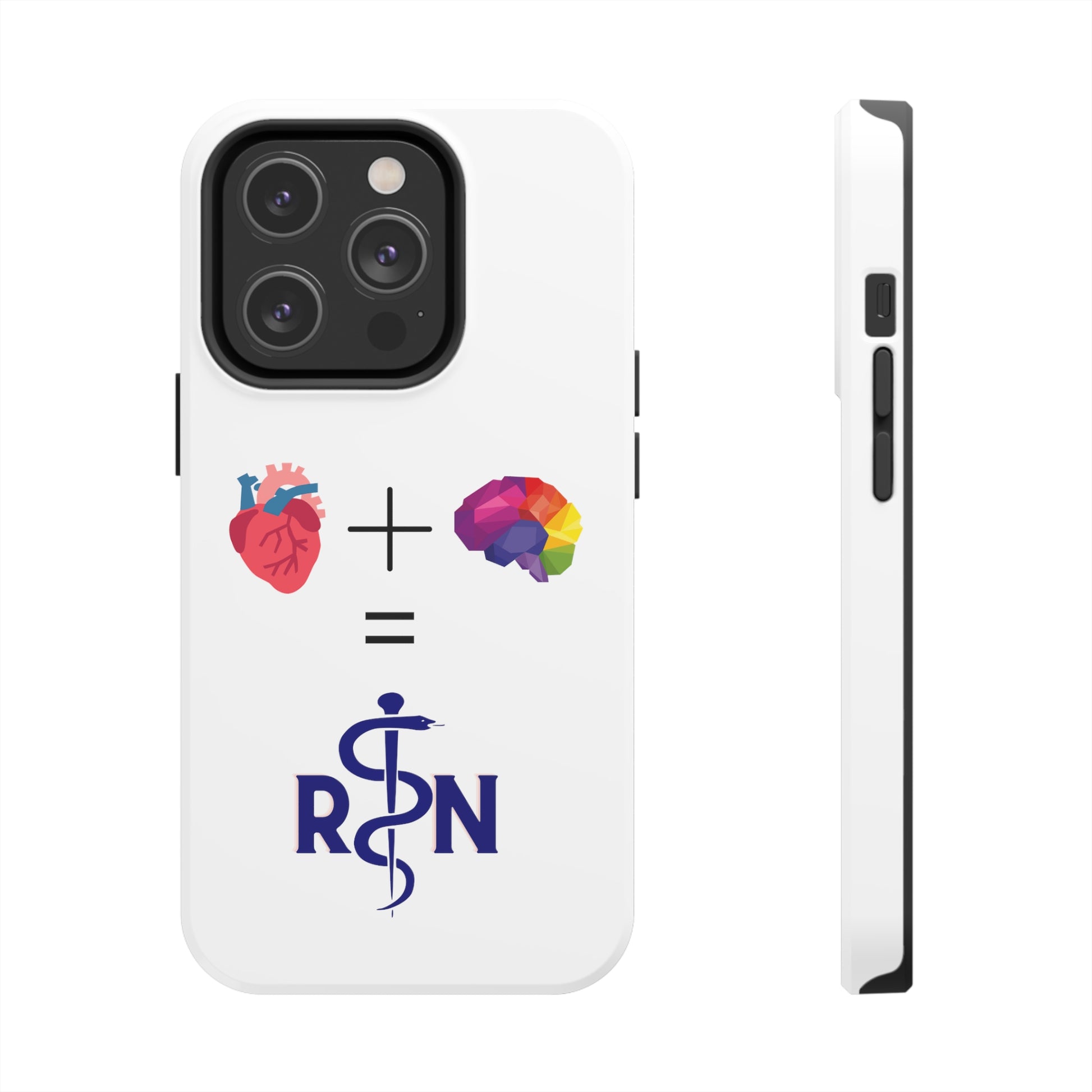 White iPhone case with graphic of a heart, a plus sign, a graphic of a colorful brain, the equals symbol and the letters R and N separated by the staff of Aesculapius.