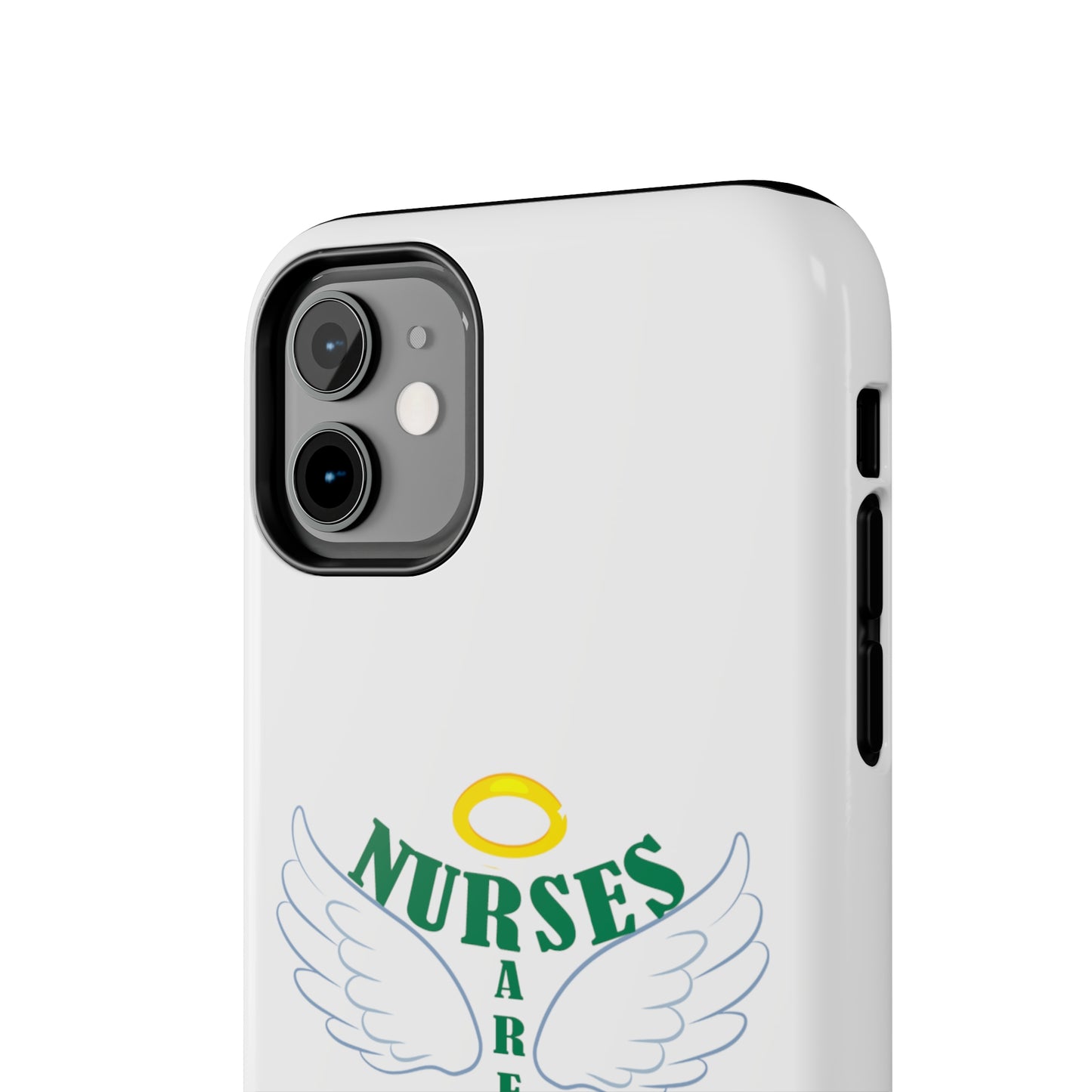 White iPhone case featuring a halo in gold and two white wings and the text "Nurses Are Angels You Can See" suggestive of a person.