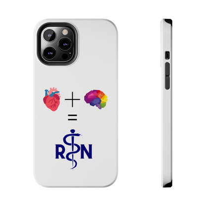 White iPhone case with graphic of a heart, a plus sign, a graphic of a colorful brain, the equals symbol and the letters R and N separated by the staff of Aesculapius.