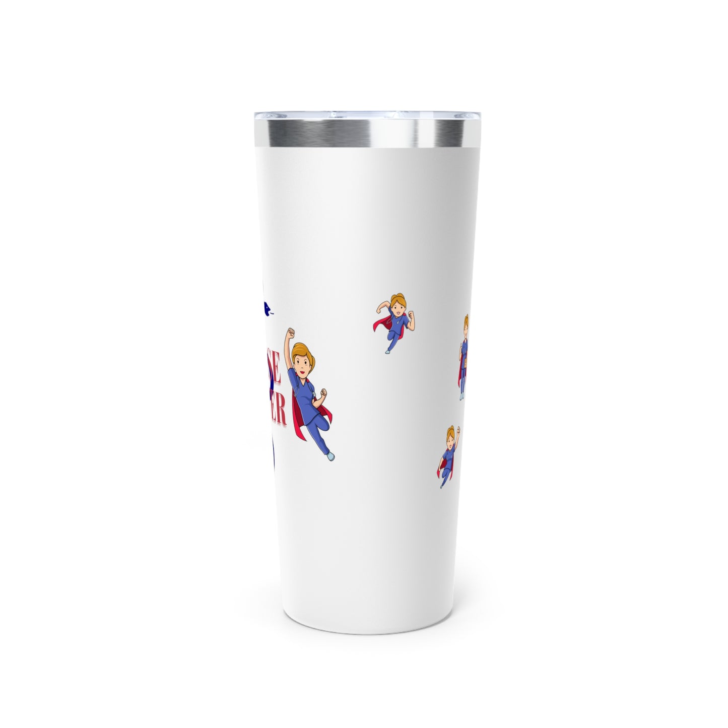 White 22oz tumbler.  Feature graphics are the Aesculapius staff in dark Blue with the words "Nurse Power" in red and smaller flying nurse figures around the circumference.