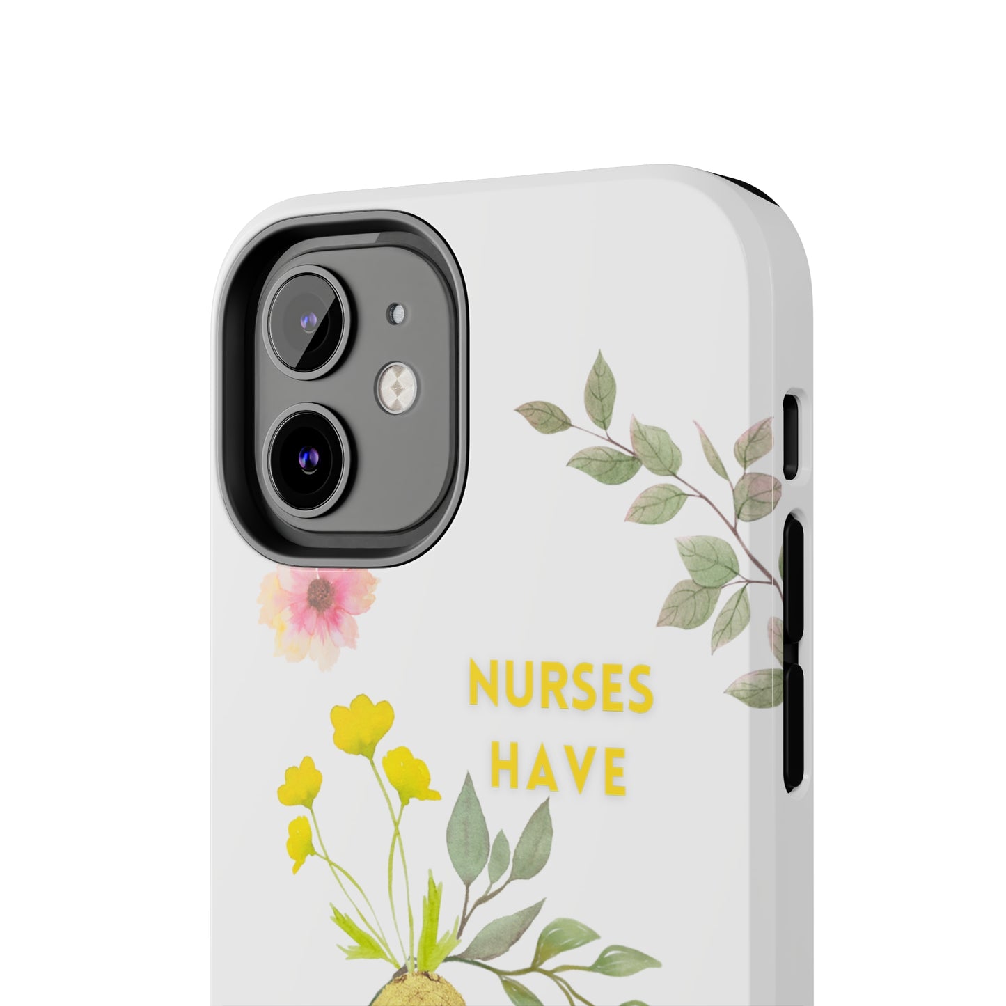 White iPhone case with wild flowers and a golden flower heart and text that says: "Nurses have hearts of gold".