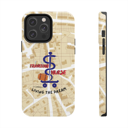 iPhone case with background of a map in brown.  Centered is the Staff of Asclepius riding on a skateboard with a suitcase and the words "Traveling Nurse". Underneath are the words "Living The Dream".