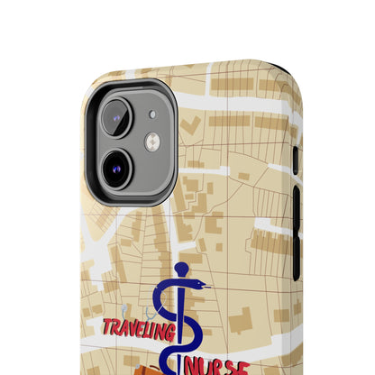 iPhone case with background of a map in brown.  Centered is the Staff of Asclepius riding on a skateboard with a suitcase and the words "Traveling Nurse". Underneath are the words "Living The Dream".