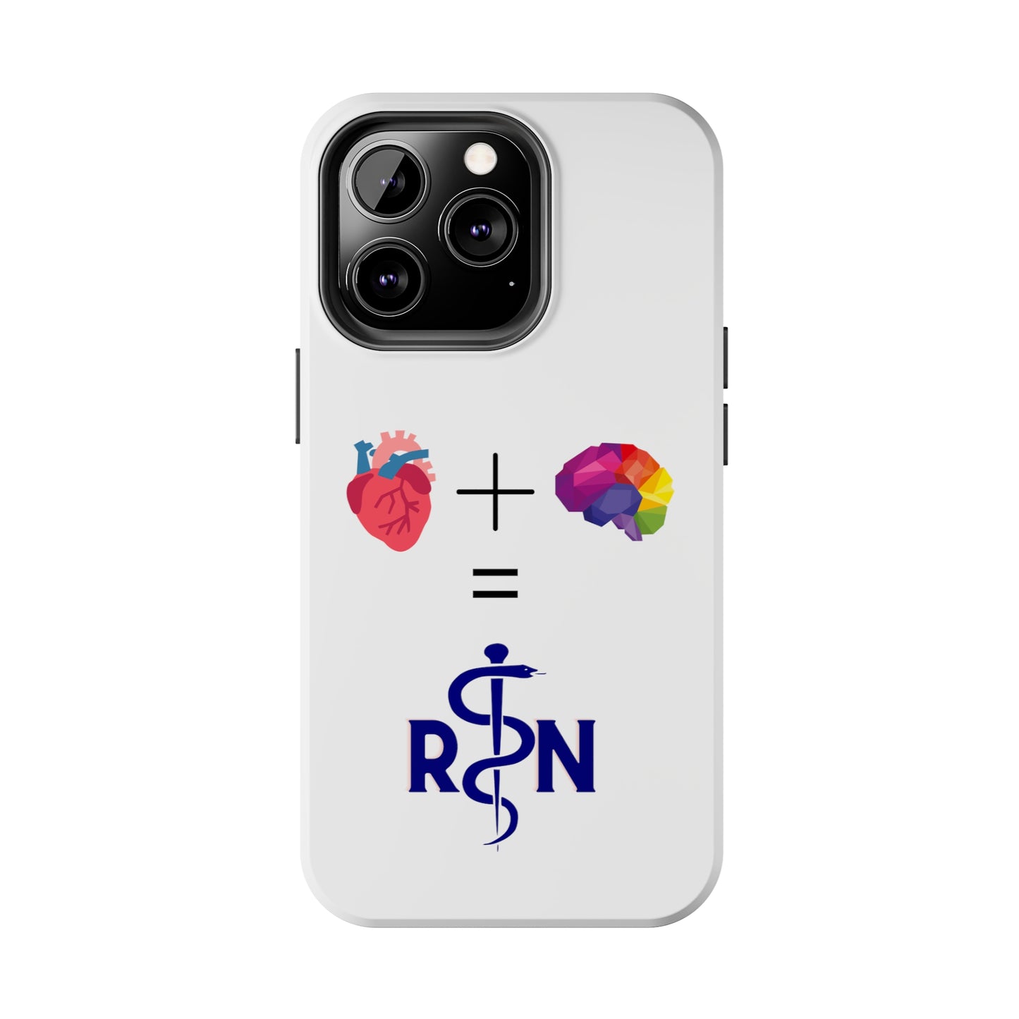 White iPhone case with graphic of a heart, a plus sign, a graphic of a colorful brain, the equals symbol and the letters R and N separated by the staff of Aesculapius.