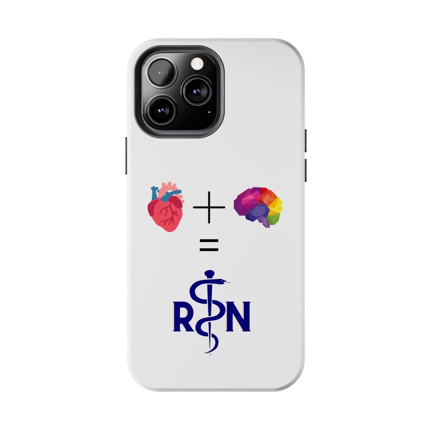 White iPhone case with graphic of a heart, a plus sign, a graphic of a colorful brain, the equals symbol and the letters R and N separated by the staff of Aesculapius.