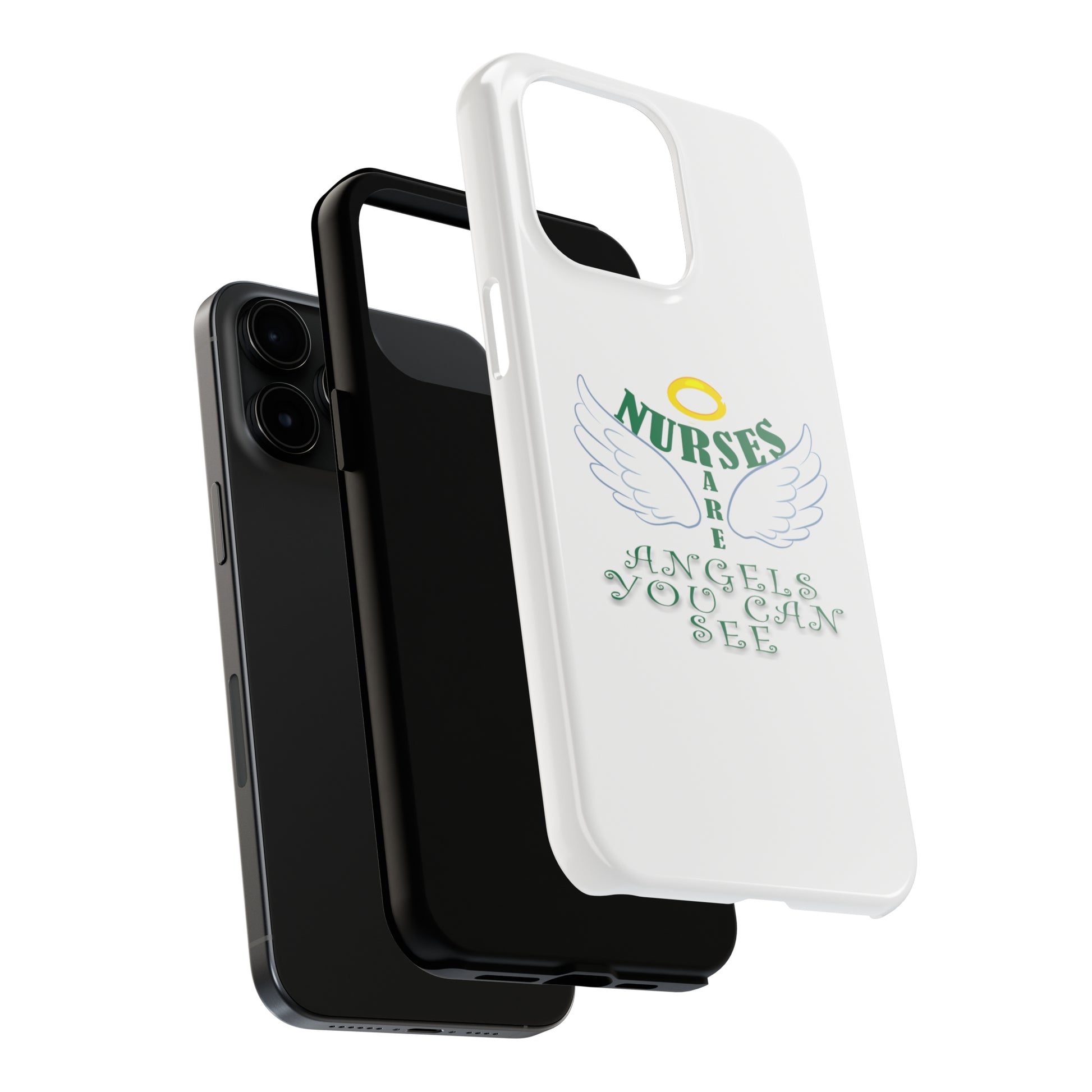 White iPhone case featuring a halo in gold and two white wings and the text "Nurses Are Angels You Can See" suggestive of a person.