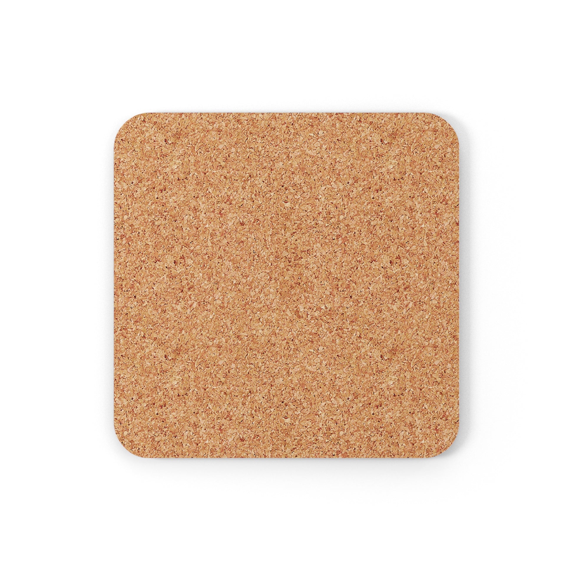 Back side of square coaster showing cork backing.