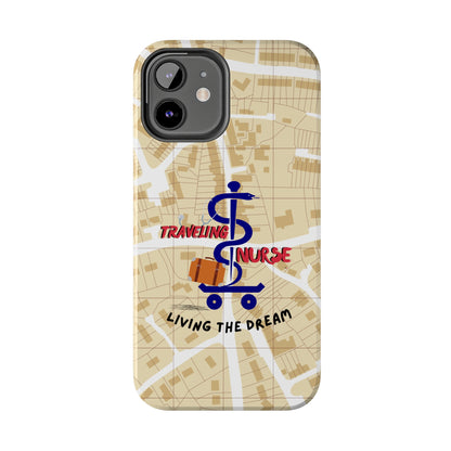 iPhone case with background of a map in brown.  Centered is the Staff of Asclepius riding on a skateboard with a suitcase and the words "Traveling Nurse". Underneath are the words "Living The Dream".