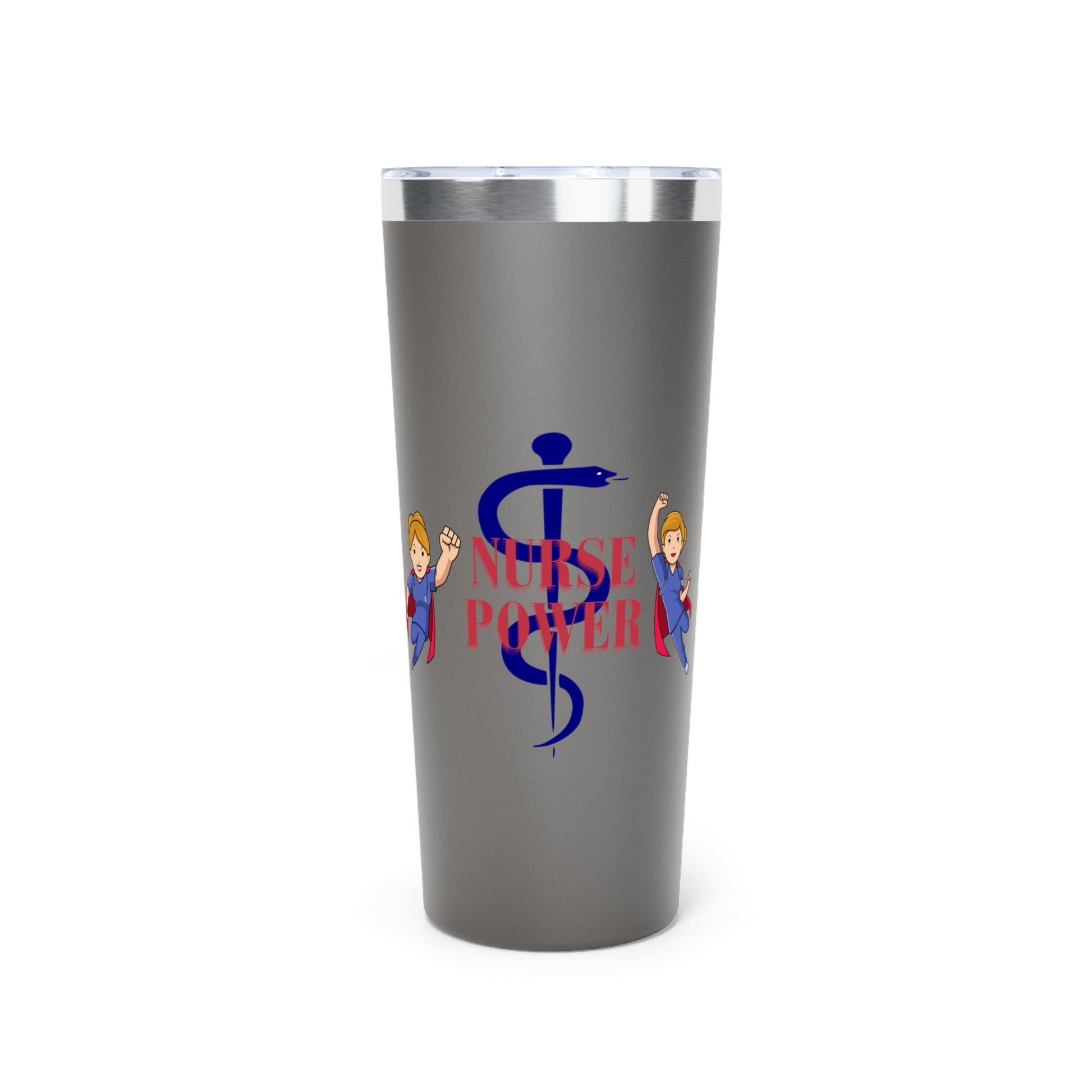 Gray 22oz tumbler.  Feature graphics are the Aesculapius staff in dark Blue with the words "Nurse Power" in red and smaller flying nurse figures around the circumference.