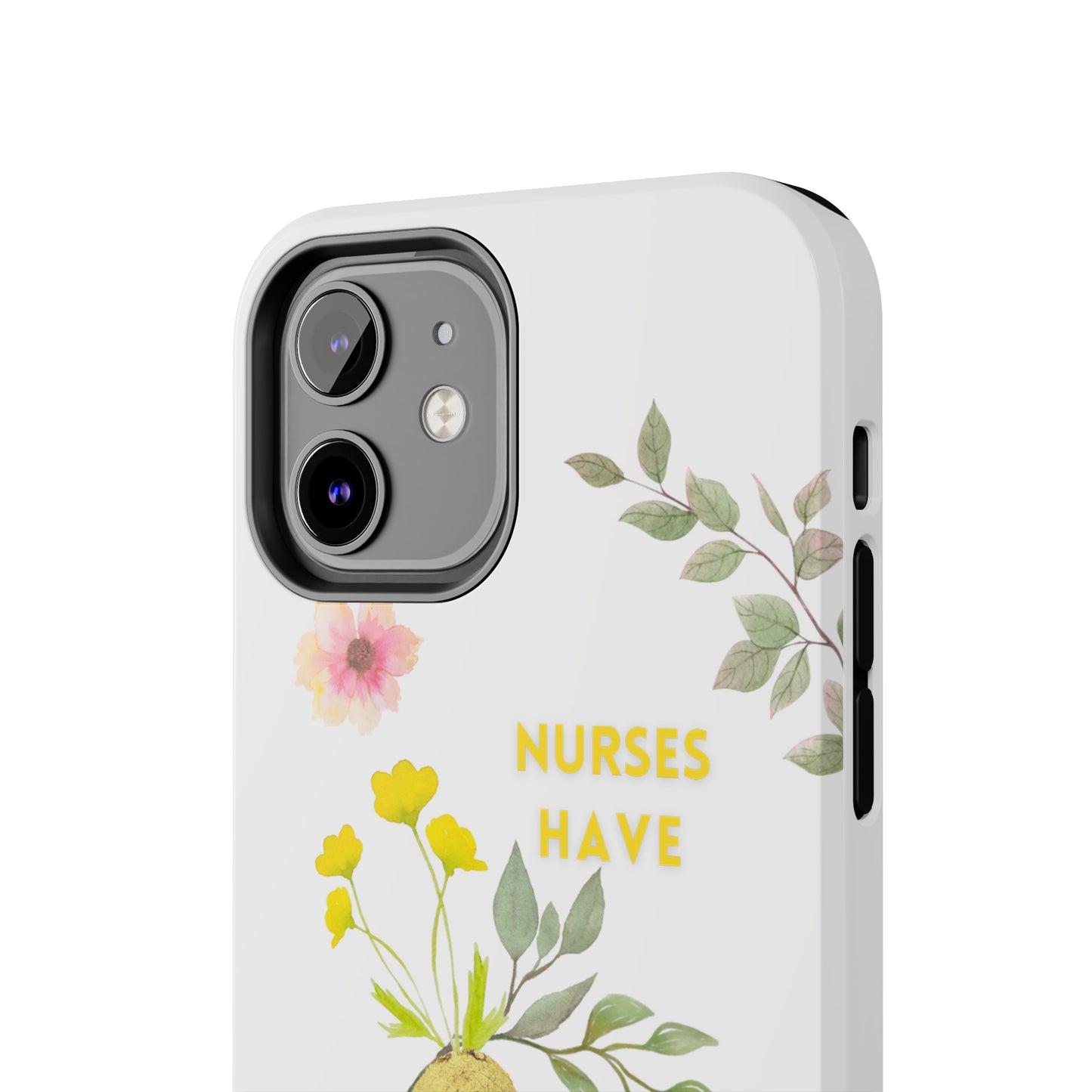 White iPhone case with wild flowers and a golden flower heart and text that says: "Nurses have hearts of gold".