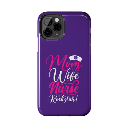 Blue iPhone case with graphic text "Mon, Wife, Nurse, Rockstar" in alternating pink and white. THe word is topped by an old stayle nurses hat.