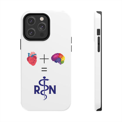 White iPhone case with graphic of a heart, a plus sign, a graphic of a colorful brain, the equals symbol and the letters R and N separated by the staff of Aesculapius.