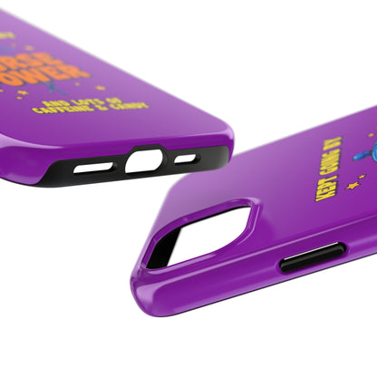 Purple iPhone case with the staff of caduceus centered with the words "Nurse Power" in blue and orange .  Above it the words "Kept Going By" and below the words "and lots of caffeine & candy in yellow."