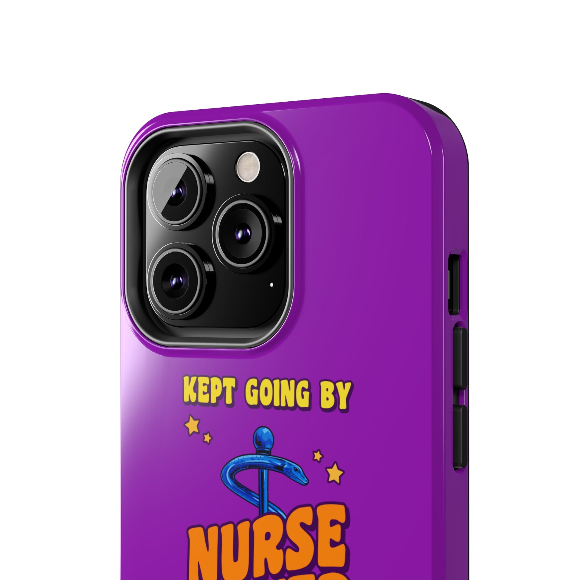 Purple iPhone case with the staff of caduceus centered with the words "Nurse Power" in blue and orange .  Above it the words "Kept Going By" and below the words "and lots of caffeine & candy in yellow."