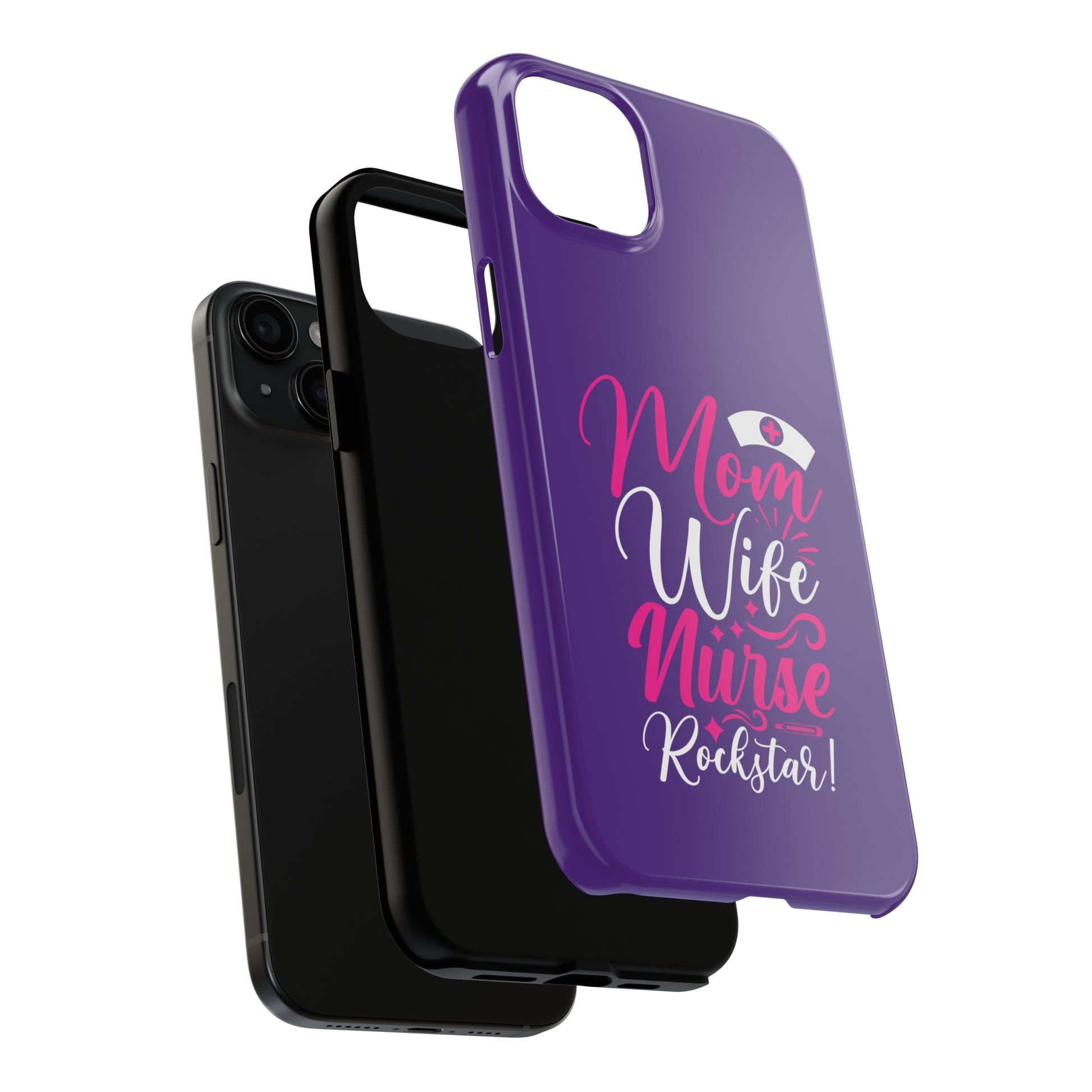 Blue iPhone case with graphic text "Mom, Wife, Nurse, Rockstar" in alternating pink and white. The word "Mom" is topped by an old style nurses' hat.