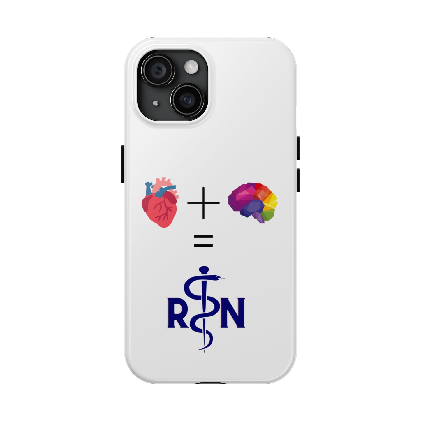 White iPhone case with graphic of a heart, a plus sign, a graphic of a colorful brain, the equals symbol and the letters R and N separated by the staff of Aesculapius.