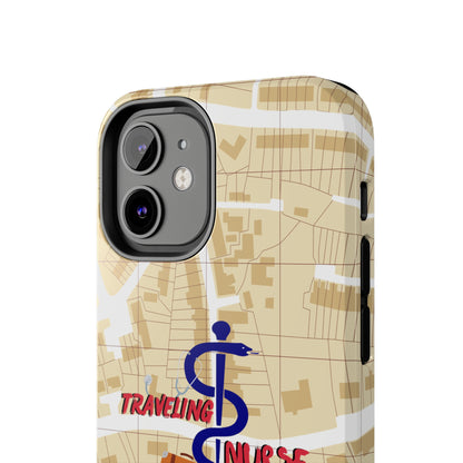 iPhone case with background of a map in brown.  Centered is the Staff of Asclepius riding on a skateboard with a suitcase and the words "Traveling Nurse". Underneath are the words "Living The Dream".