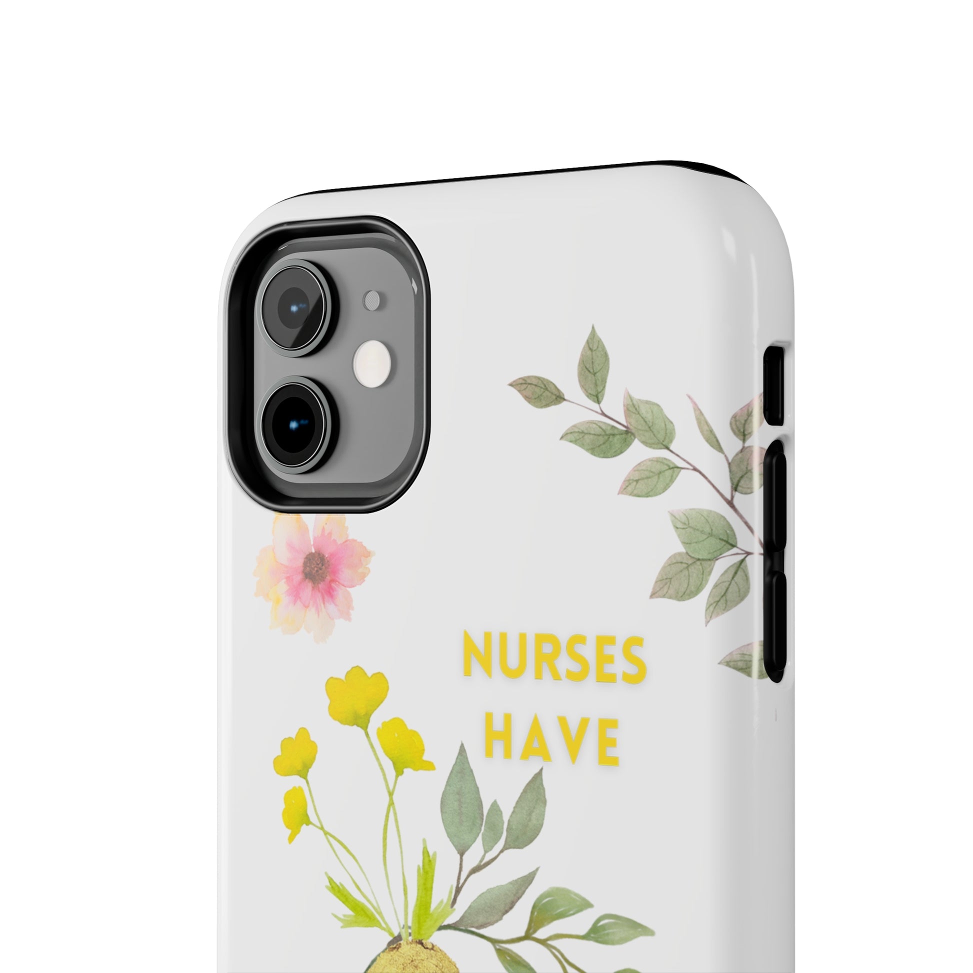 White iPhone case with wild flowers and a golden flower heart and text that says: "Nurses have hearts of gold".