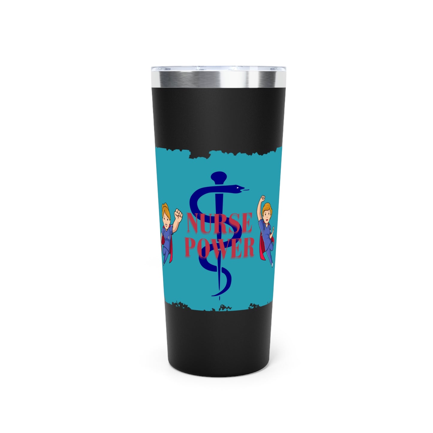 Black or white 22oz tumbler with teal center.  Feature graphics are the Aesculapius staff with the words "Nurse Power" and smaller flying nurse figures around the circumference.