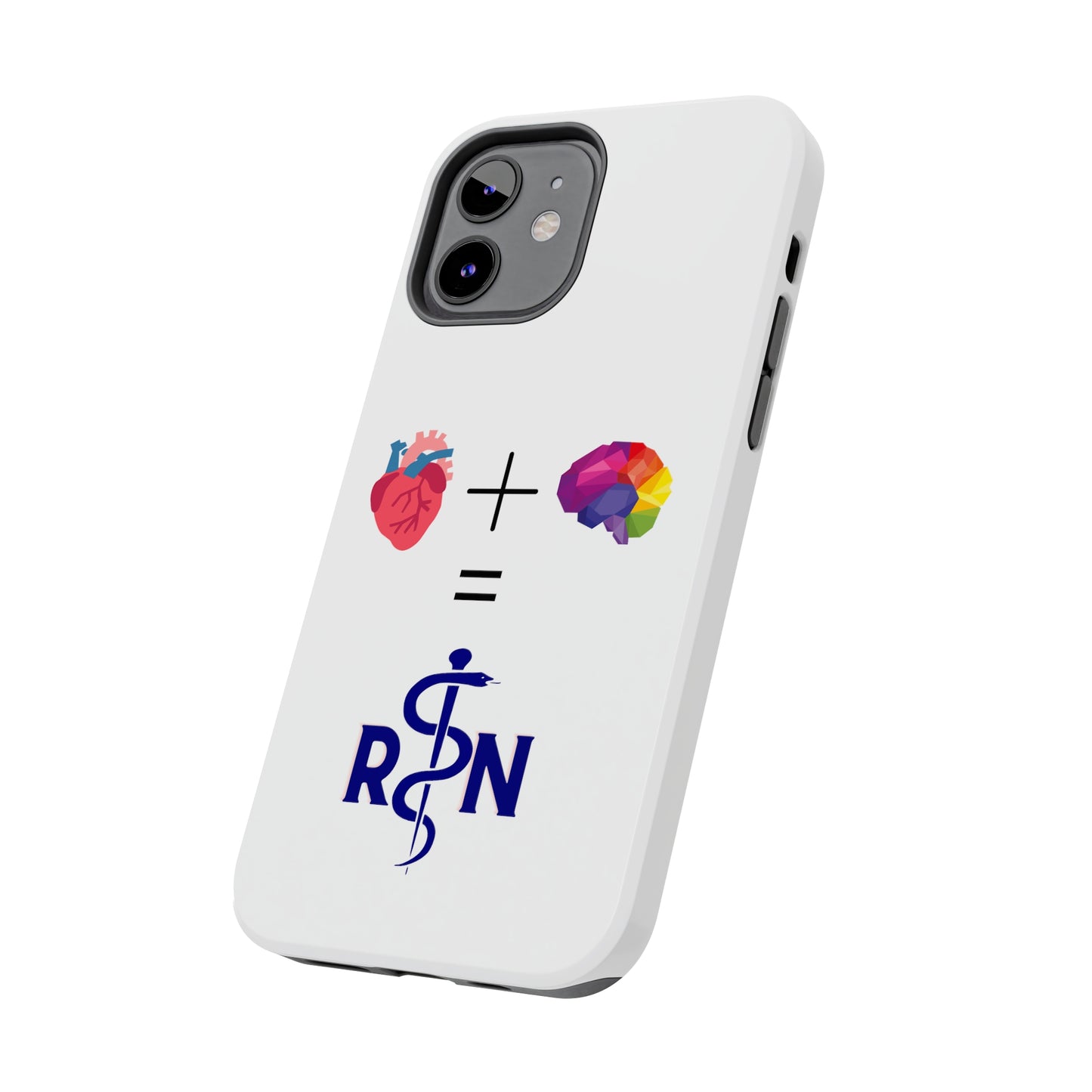 White iPhone case with graphic of a heart, a plus sign, a graphic of a colorful brain, the equals symbol and the letters R and N separated by the staff of Aesculapius.