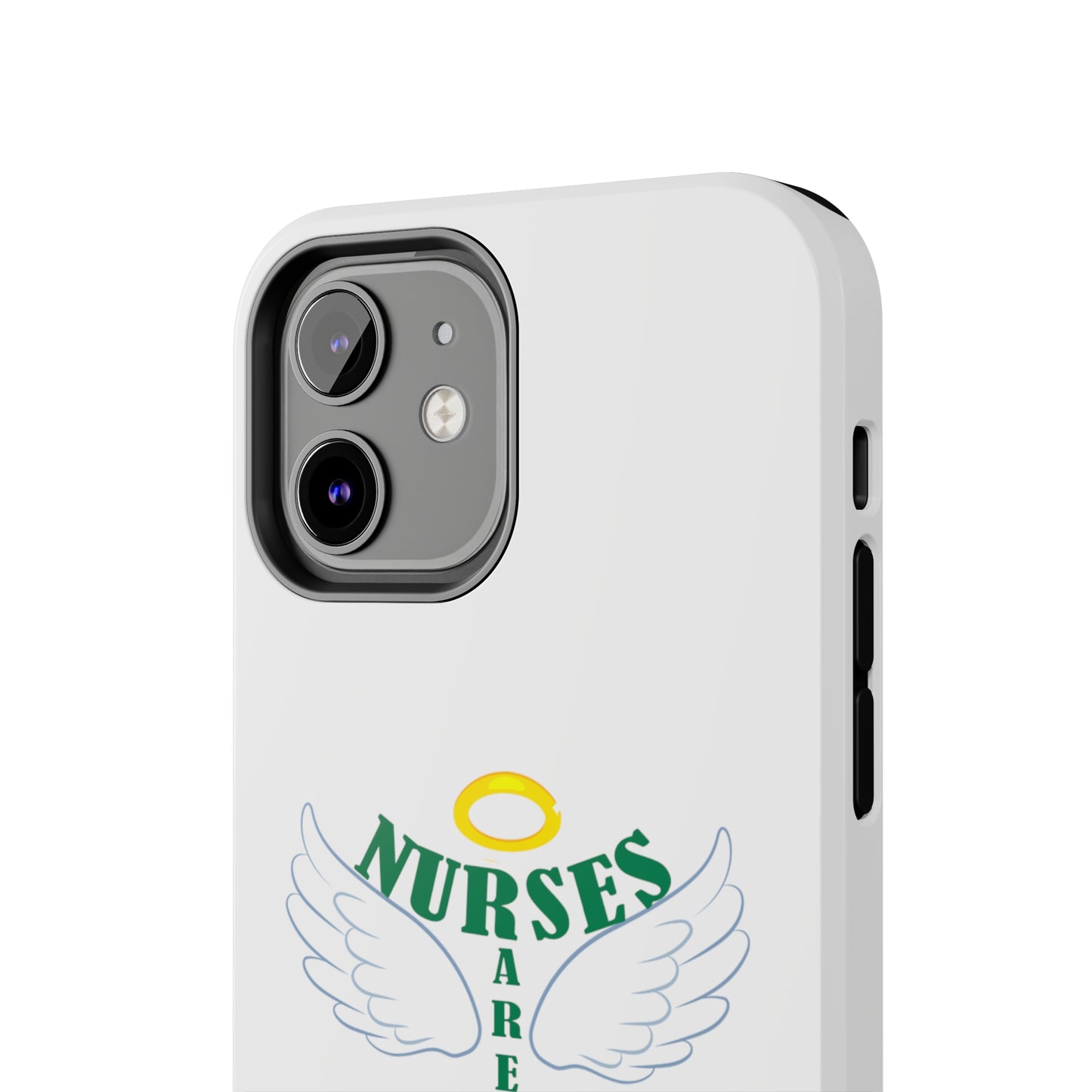 White iPhone case featuring a halo in gold and two white wings and the text "Nurses Are Angels You Can See" suggestive of a person.