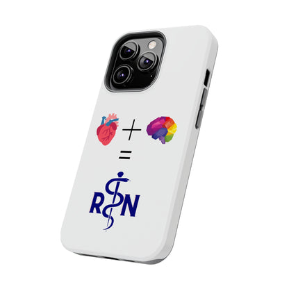 White iPhone case with graphic of a heart, a plus sign, a graphic of a colorful brain, the equals symbol and the letters R and N separated by the staff of Aesculapius.