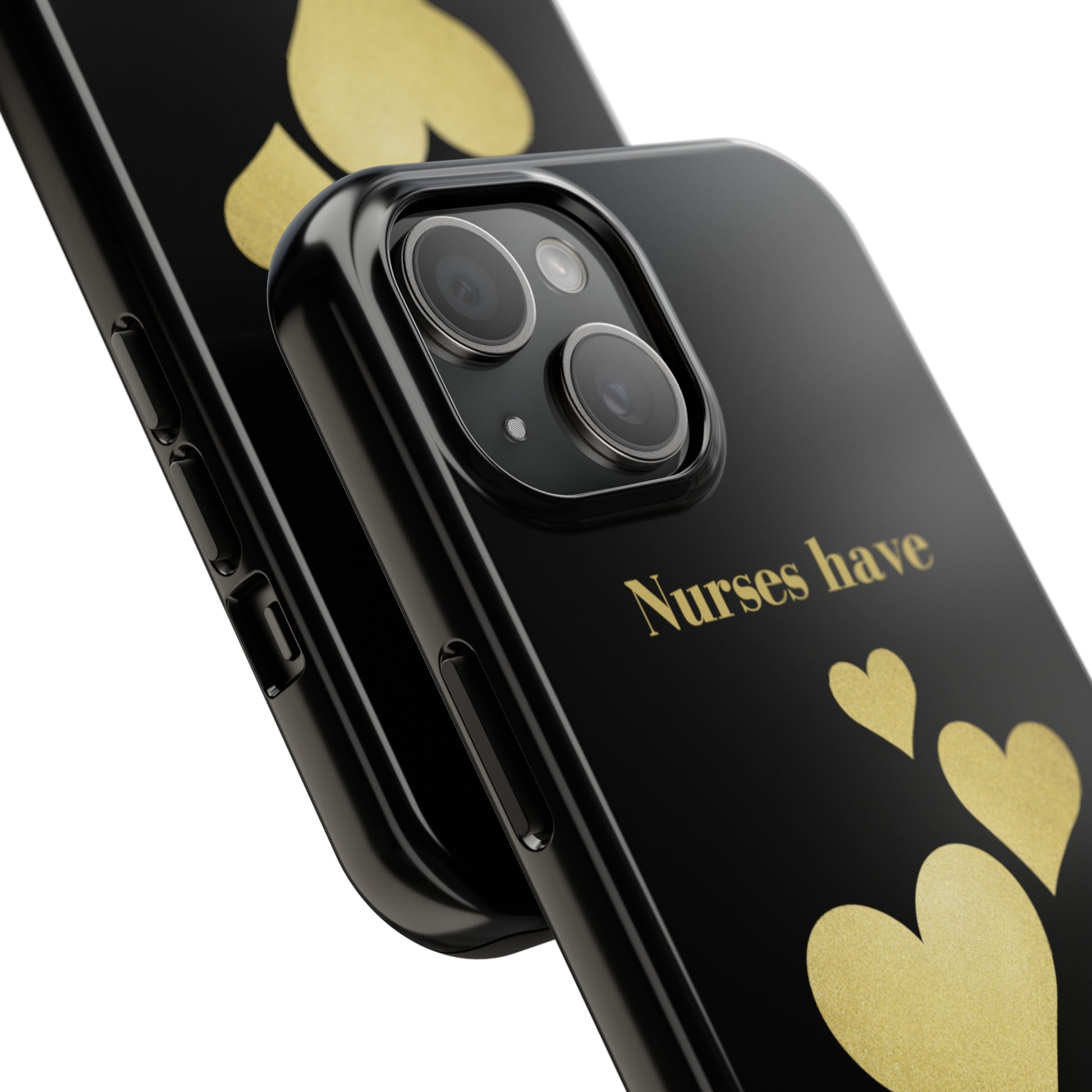 Black iPhone case with three hearts of gold  and text that says "Nurses have hearts of Gold" in gold text.