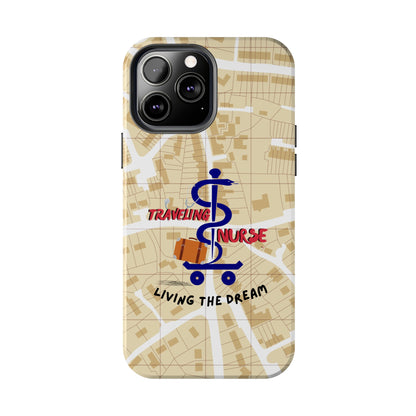 iPhone case with background of a map in brown.  Centered is the Staff of Asclepius riding on a skateboard with a suitcase and the words "Traveling Nurse". Underneath are the words "Living The Dream".