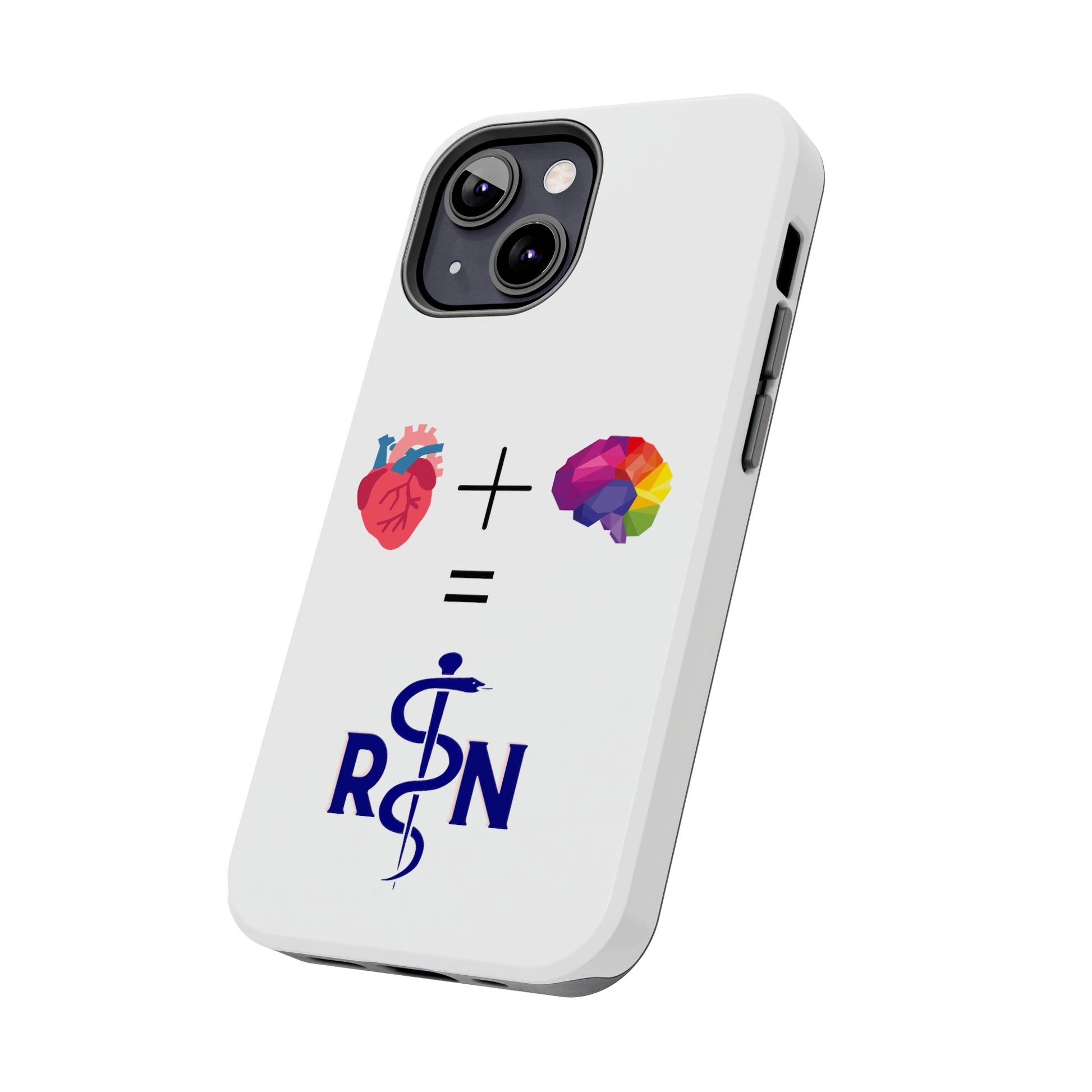 White iPhone case with graphic of a heart, a plus sign, a graphic of a colorful brain, the equals symbol and the letters R and N separated by the staff of Aesculapius.