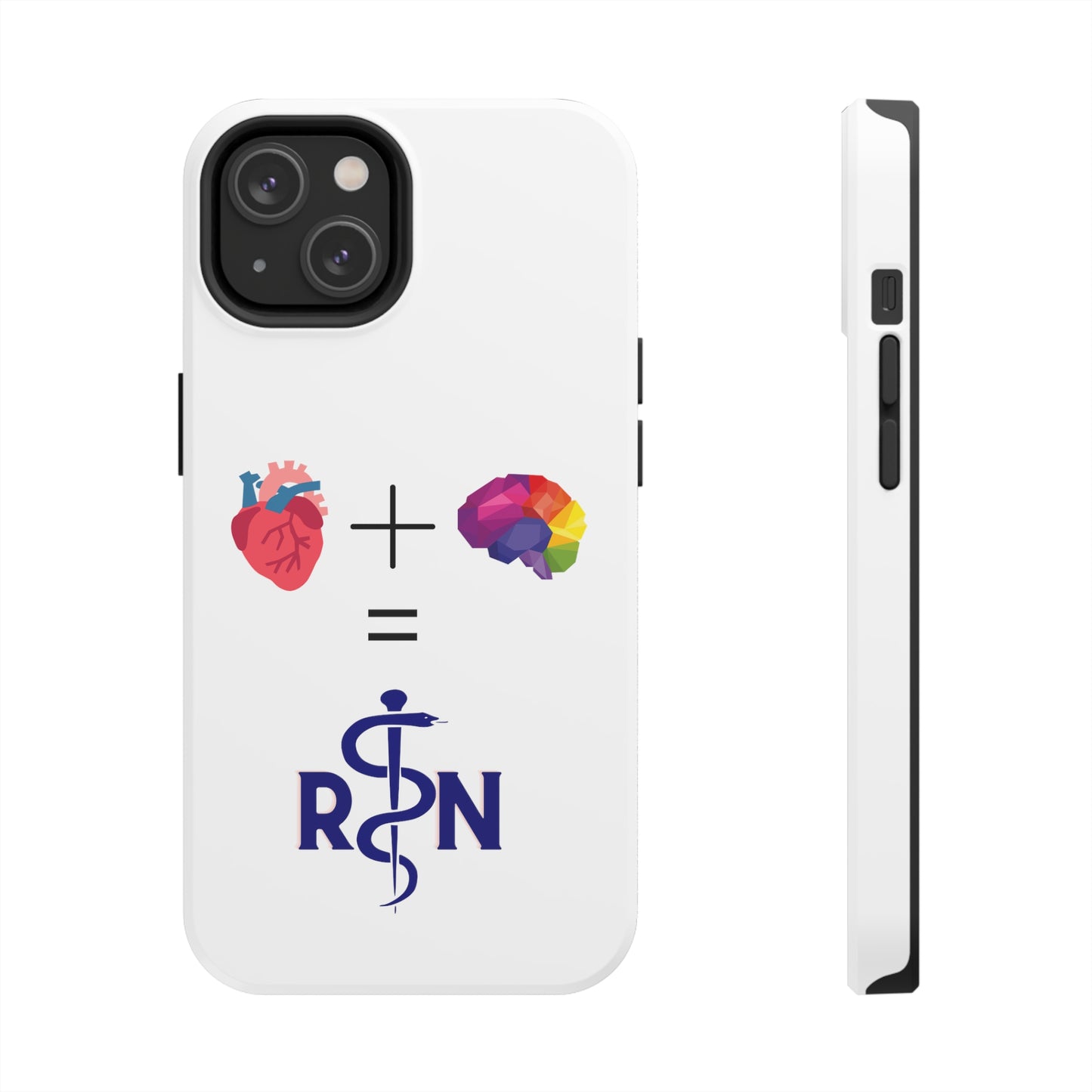 White iPhone case with graphic of a heart, a plus sign, a graphic of a colorful brain, the equals symbol and the letters R and N separated by the staff of Aesculapius.