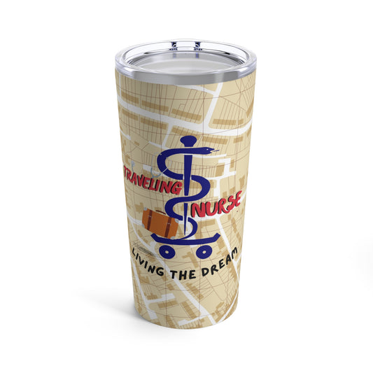 Tumbler with silver top and and background of a map.  Centered is the Staff of Asclepius riding on a skateboard with a suitcase and the words "Traveling Nurse". Underneath are the words "Living The Dream".